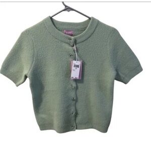 NWOT Muse Silver Bow Button Mint Green Short Sleeve Cardigan Sweater Sz SP